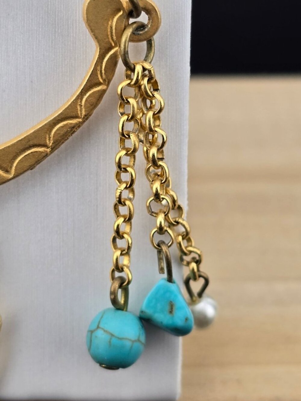 Gold Tone Crescent Moon Dangle Earrings Turquoise & Pearl Boho Chic Statement - Picture 5 of 6